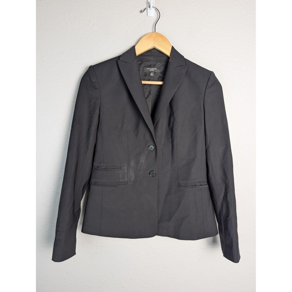 Ann Taylor Suit Jacket Womens 0P Black Polyester Blend Woven Lined Notch Lapel